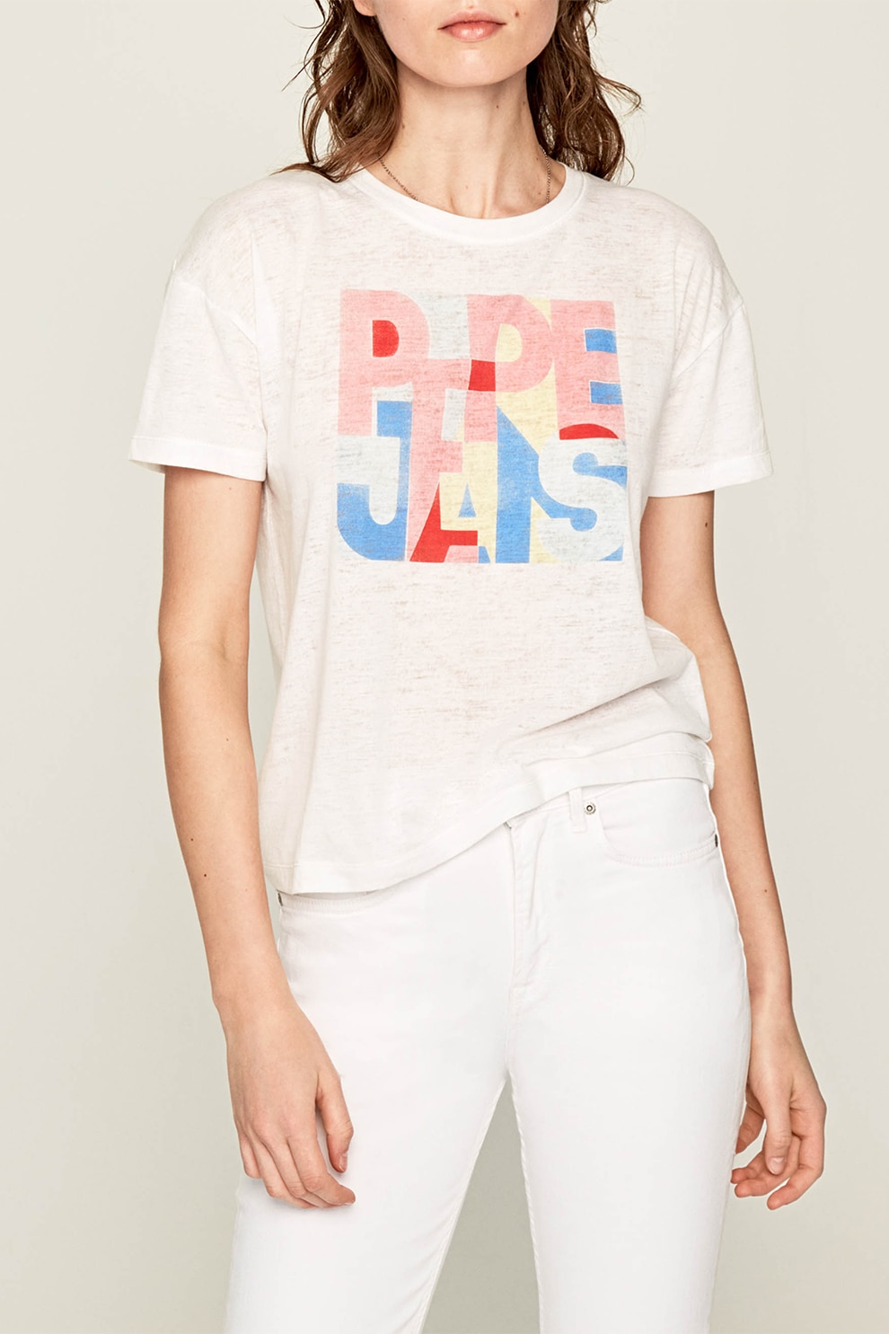 Pepe Jeans London, Tricou cu logo 4, Alb/Roz/Albastru