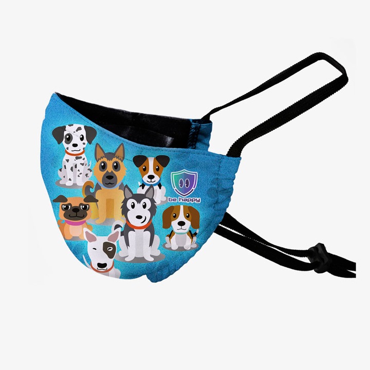 Be Happy Gyermekszájmaszk, 3 Rétegű, Mosható, Vasalható, Fertőtleníthető, Állítható Pánttal, Kék Kiskutyás
