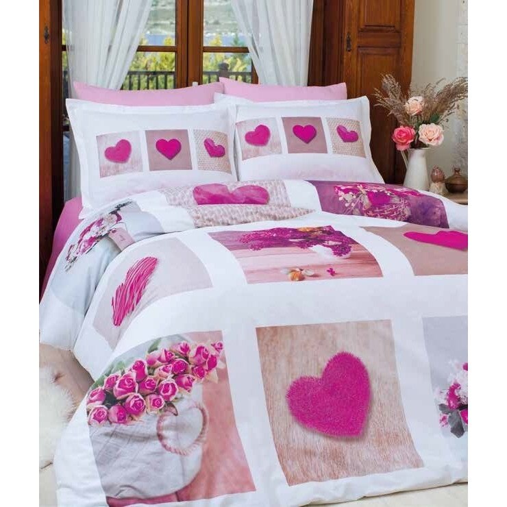 Lenjerie de pat Pink Hearts, 100% Bumbac, 6 piese, 2 persoane, 240X260 /70X70