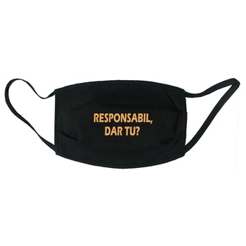 Masca personalizata reutilizabila, din material textil, cu imprimeu ”Responsabil, dar tu”, neagra Masca personalizata reutilizabila, din material textil, cu imprimeu ”Responsabil, dar tu”, neagra