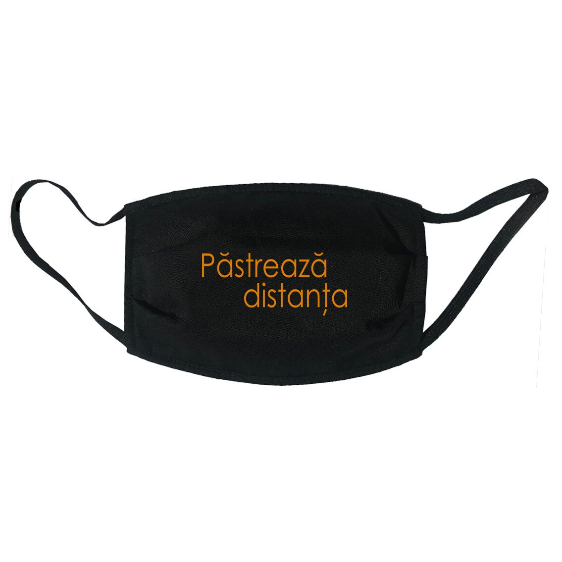 Masca personalizata reutilizabila, pentru adulti, din material textil, cu imprimeu ”Pastreaza distanta”, neagra