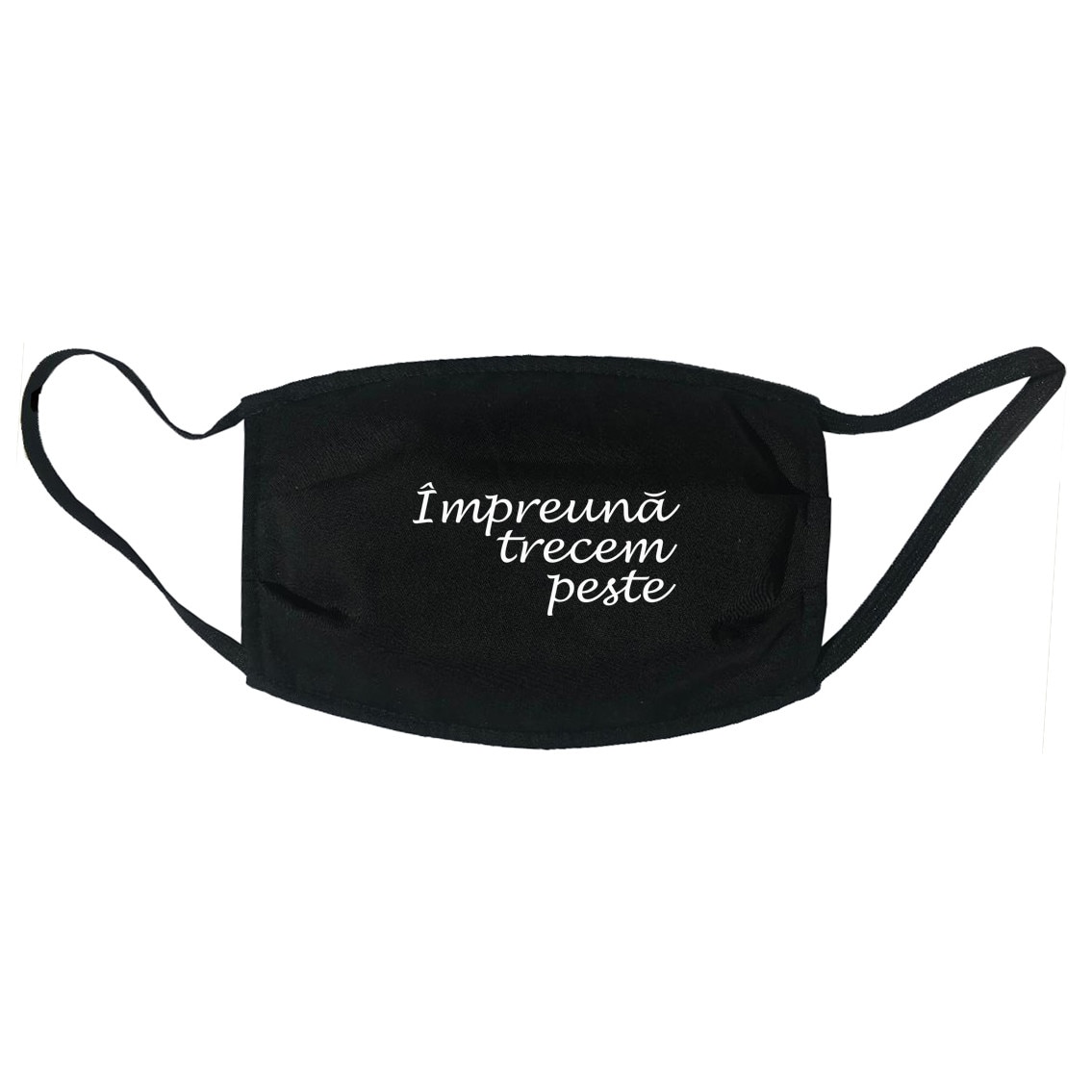 Masca personalizata reutilizabila, pentru adulti, din material textil, cu imprimeu ”Impreuna trecem peste”, neagra