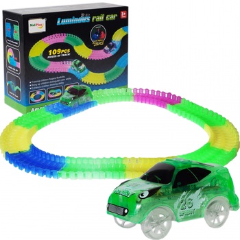 Set pista magica cu 1 masinuta idealSTORE Rail Green Car, Format din 109 elemente, flexibile in 4 culori, Circuit complet luminat de LED-uri incorporate Set pista magica cu 1 masinuta idealSTORE Rail Green Car, Format din 109 elemente, flexibile in 4 culori, Circuit complet luminat de LED-uri incorporate