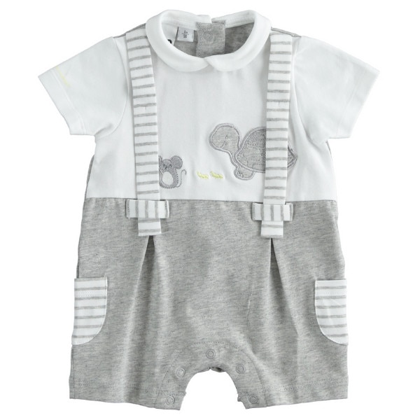 Salopeta baieti iDO, 9 luni, alb cu gri, bretele si desen