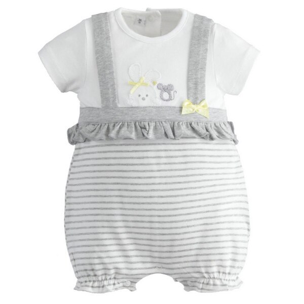 Salopeta unisex iDO, 3 luni, alb cu gri, dungi si desen