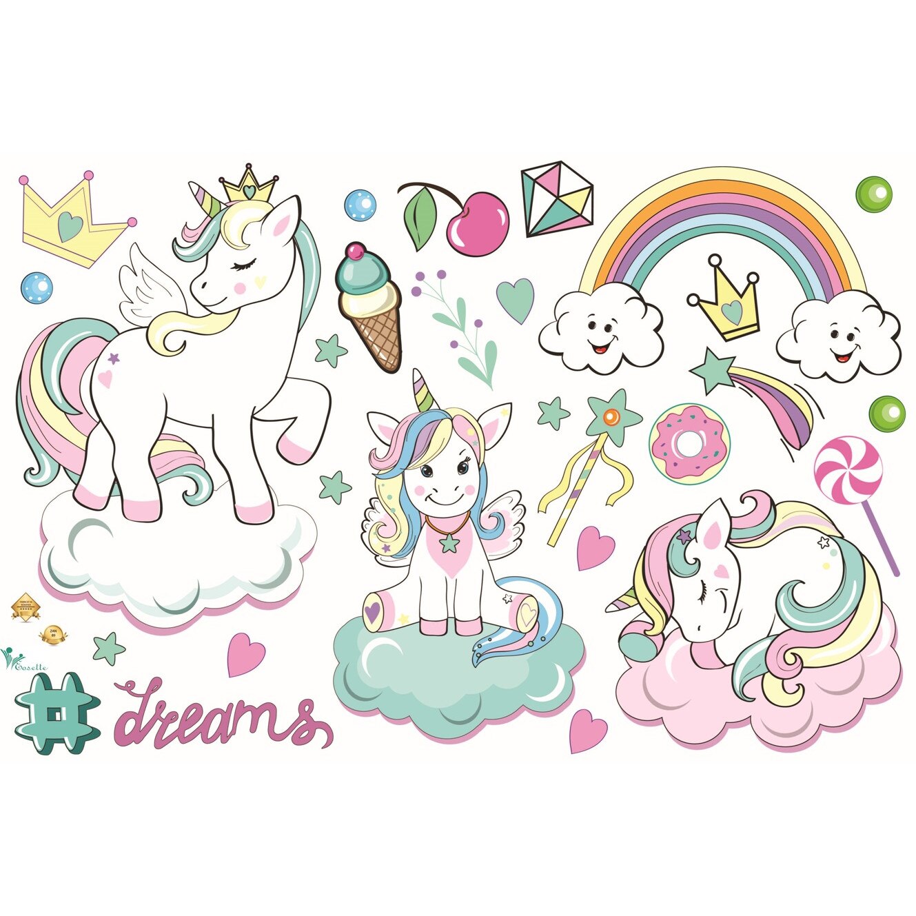 Autocolante pereti - Inorogi pe norisori - 60x90 cm