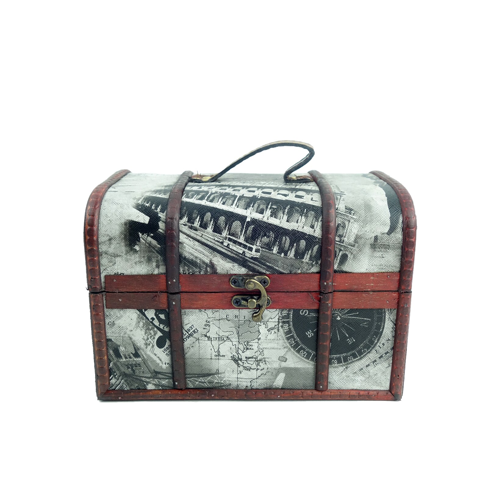 Set 2 cufere vintage din mdf, cu model harta, maro, 22 cm