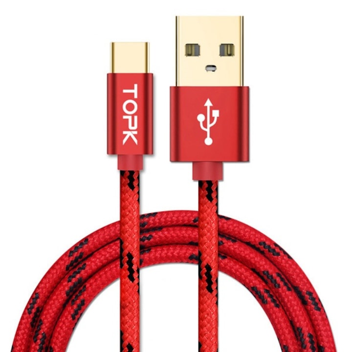 Захранващ кабел TOPK USB Type C, Позлатени конектори, Дата кабел 18W 3A QC 3.0, Червен
