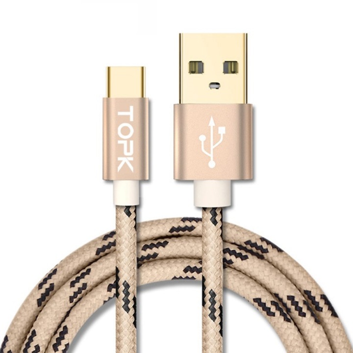 Захранващ кабел TOPK USB Type C, Позлатени конектори, Дата кабел 18W 3A QC 3.0, Златен