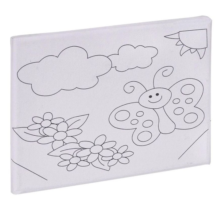 Платно за рисуване с рамка, има пролетни изображения с цветя и пеперуди, статив, детски + 1 комплект акварели, ATS