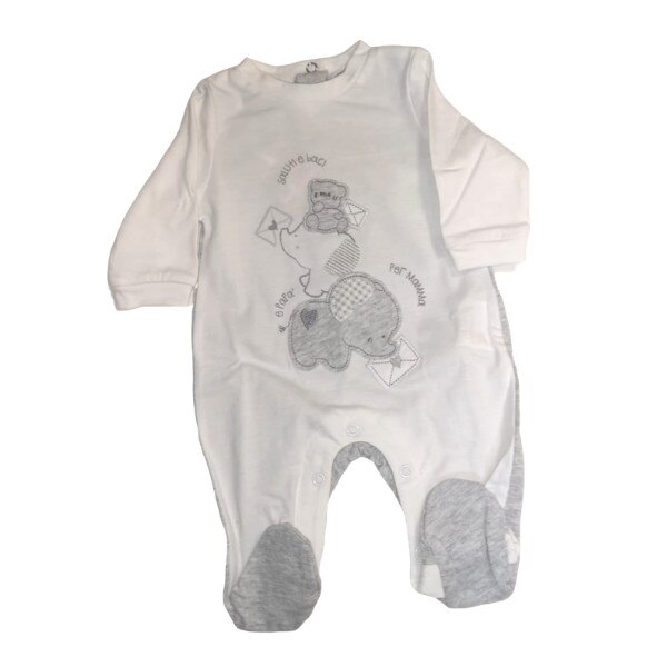 Salopeta unisex iDO, 0 luni, alb cu gri, model elefantei