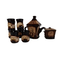 Set serviciu cafea/ceai cu 6 cesti, zaharnita , negru/maro, tip casuta 25x26