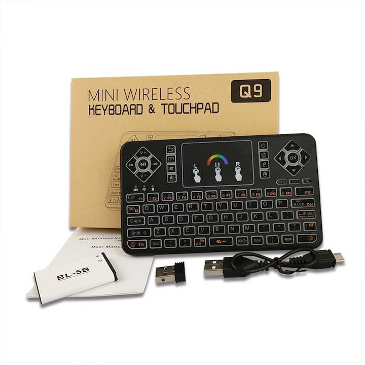 Безжична клавиатура Techstar® Q9, осветена, RGB, QWERTY, Plug & Play, Tochpad, клавиатура, мишка