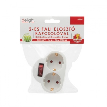 Distribuitor dublu de perete cu intrerupator, Putere maxima 3.500W, protectie copii, alb Distribuitor dublu de perete cu intrerupator, Putere maxima 3.500W, protectie copii, alb