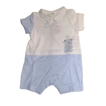 Salopeta baieti iDO, 12 luni, alb cu bleu, guler si papion Salopeta baieti iDO, 12 luni, alb cu bleu, guler si papion