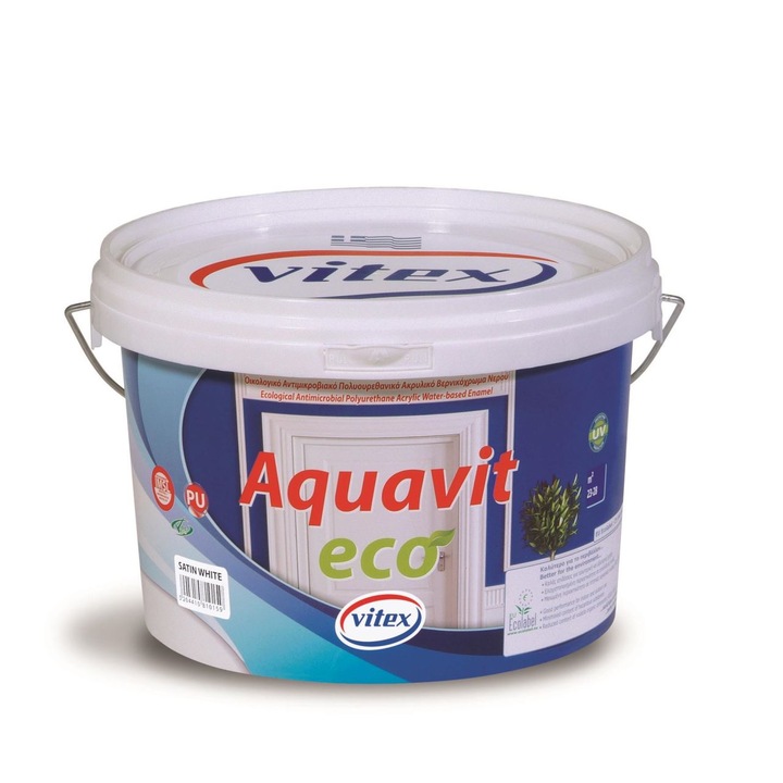 Vopsea email poliuretanica pe baza de apa pentru lemn Aquavit Eco, alb satinat, 2,5 l
