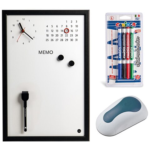 Set Ceas Memo-Whiteboard magnetic Bi-Silque, 4 Markere whiteboard, burete, 30 x 45 cm
