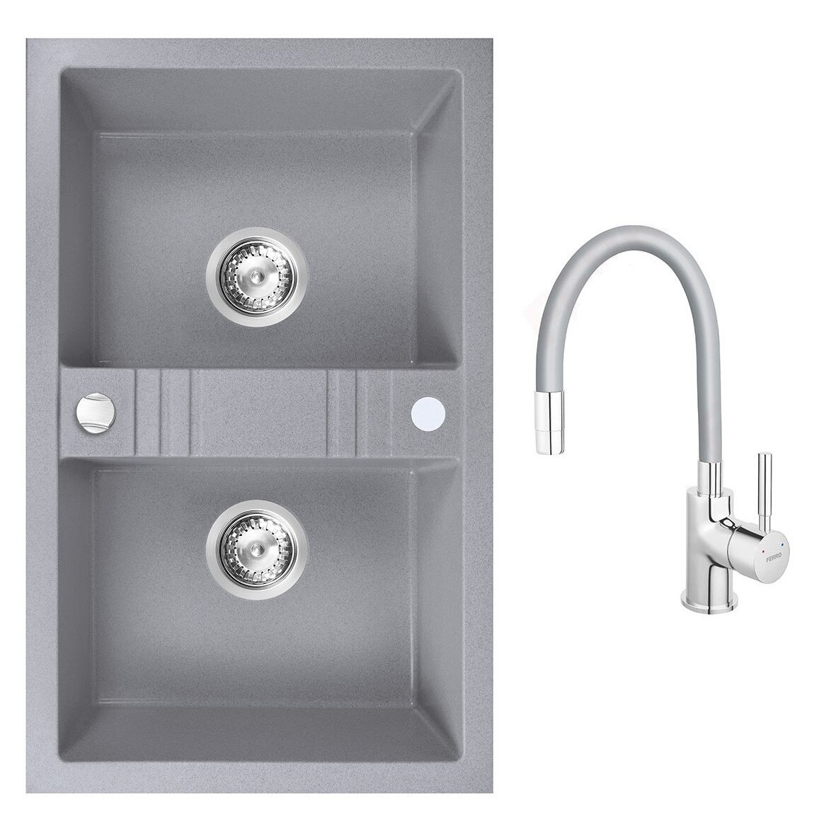 Set chiuveta Ferro granit 78x48 gri , 2 cuve, cu baterie flexibila Ferro gri 1