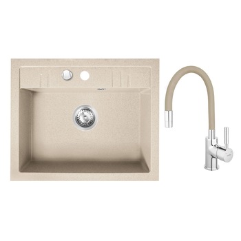 Set chiuveta granit Ferro , o cuva 58x48, nisip cu baterie flexibila Ferro bej Set chiuveta granit Ferro , o cuva 58x48, nisip cu baterie flexibila Ferro bej