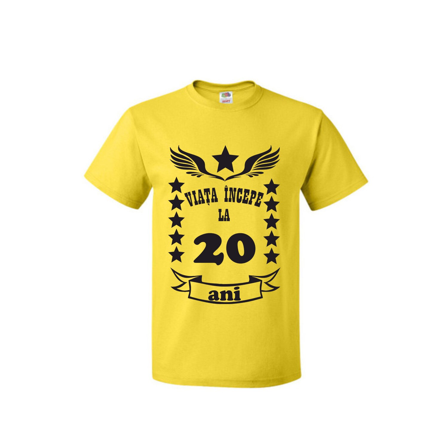 Tricou personalizat Fruit of the loom galben, Viata incepe la 20 ani, L