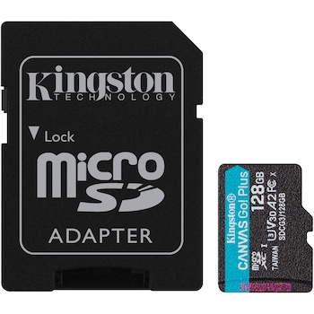 Card de memorie MicroSD Kingston Canvas GO Plus, 128GB, Clasa 10, UHS-I, Adaptor inclus Card de memorie MicroSD Kingston Canvas GO Plus, 128GB, Clasa 10, UHS-I, Adaptor inclus