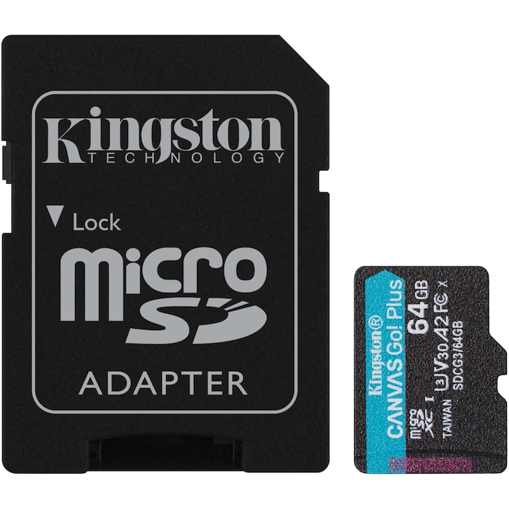Kingston Canvas GO Plus MicroSD Memóriakártya, 64GB, Class 10, UHS-I + adapter
