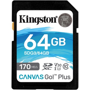 Card de memorie SD Kingston Canvas GO Plus, 64GB, Clasa 10, UHS-I, Adaptor inclus Card de memorie SD Kingston Canvas GO Plus, 64GB, Clasa 10, UHS-I, Adaptor inclus
