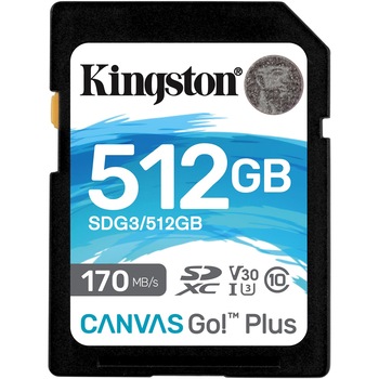 Card de memorie SD Kingston Canvas GO Plus, 512GB, Clasa 10, UHS-I, Adaptor inclus Card de memorie SD Kingston Canvas GO Plus, 512GB, Clasa 10, UHS-I, Adaptor inclus