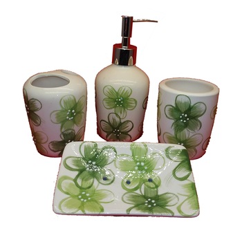 Set baie ceramic, flori verzi, 4 piese Set baie ceramic, flori verzi, 4 piese