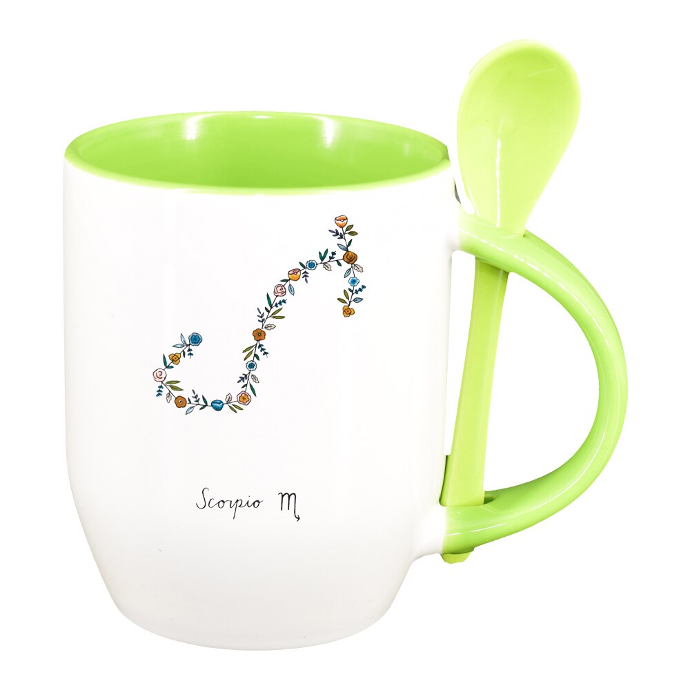 Cana Zodiac, Scorpio cu lingurita, interior verde deschis, 330ml, D1382