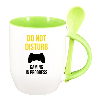Cana Gamer, Do Not Disturb cu lingurita, interior verde deschis, 330ml, D1378 Cana Gamer, Do Not Disturb cu lingurita, interior verde deschis, 330ml, D1378