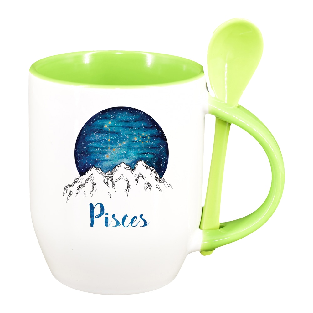 Cana Zodiac, Pisces cu lingurita, interior verde deschis, 330ml, D1387