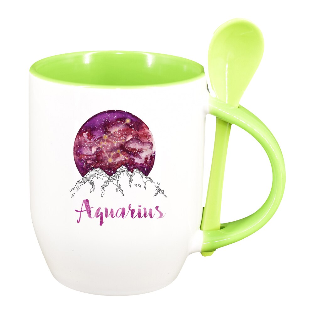 Cana Zodiac, Aquarius cu lingurita, interior verde deschis, 330ml, D1386