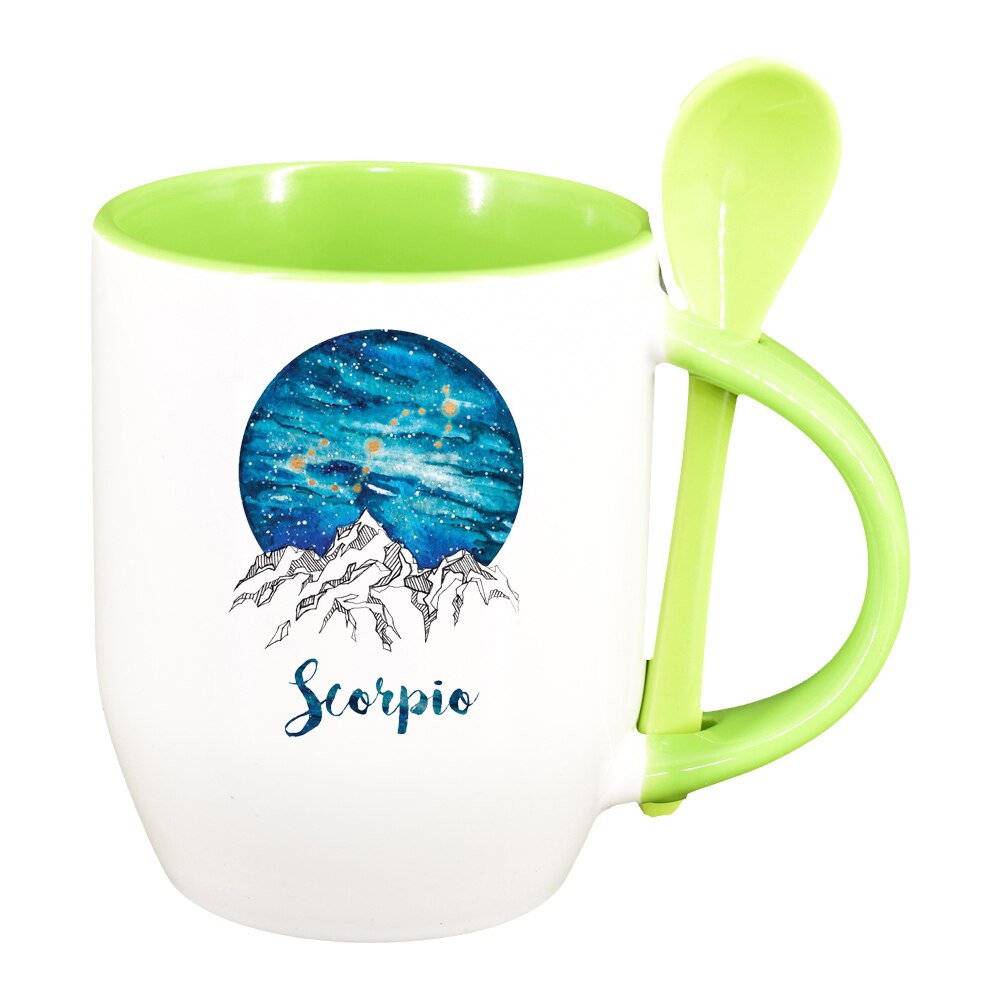 Cana Zodiac, Scorpio cu lingurita, interior verde deschis, 330ml, D1388