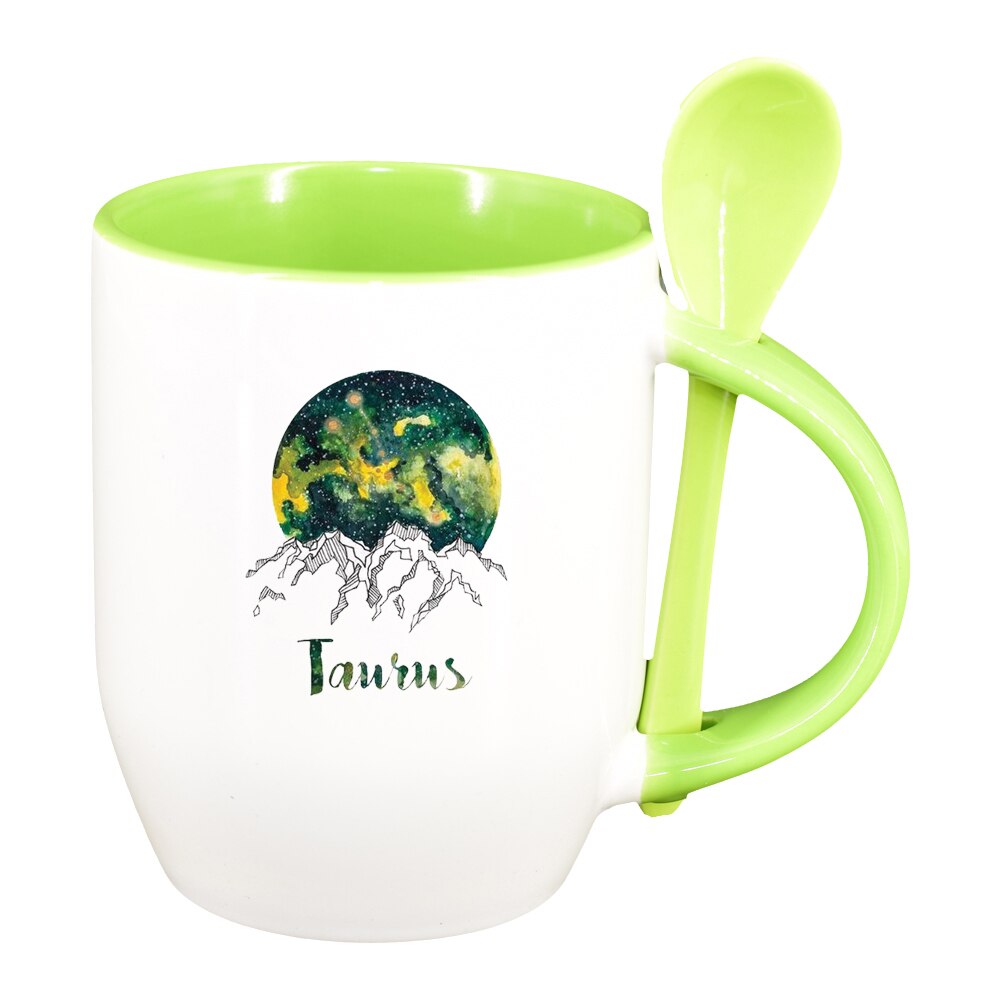 Cana Zodiac, Taurus cu lingurita, interior verde deschis, 330ml, D1391