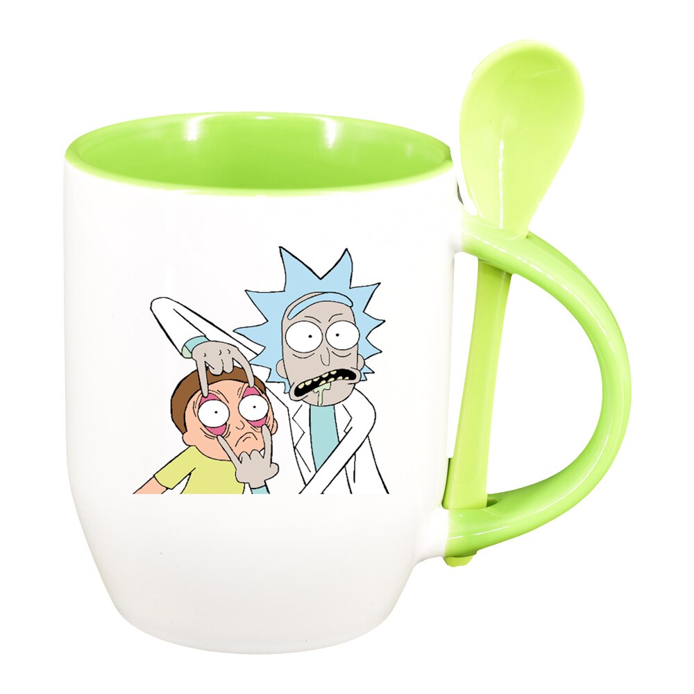 Cana Rick and Morty cu lingurita, interior verde deschis, 330ml, D1405
