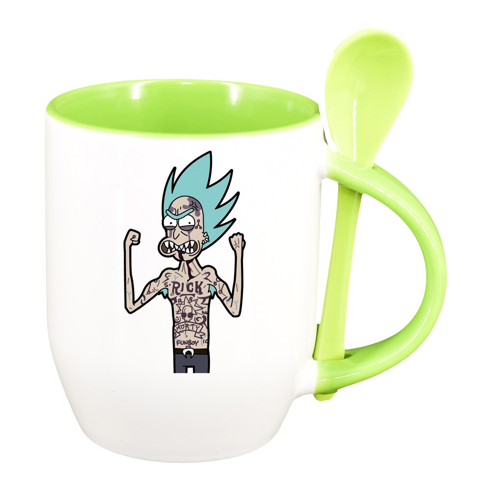 Cana Rick and Morty cu lingurita, interior verde deschis, 330ml, D1411