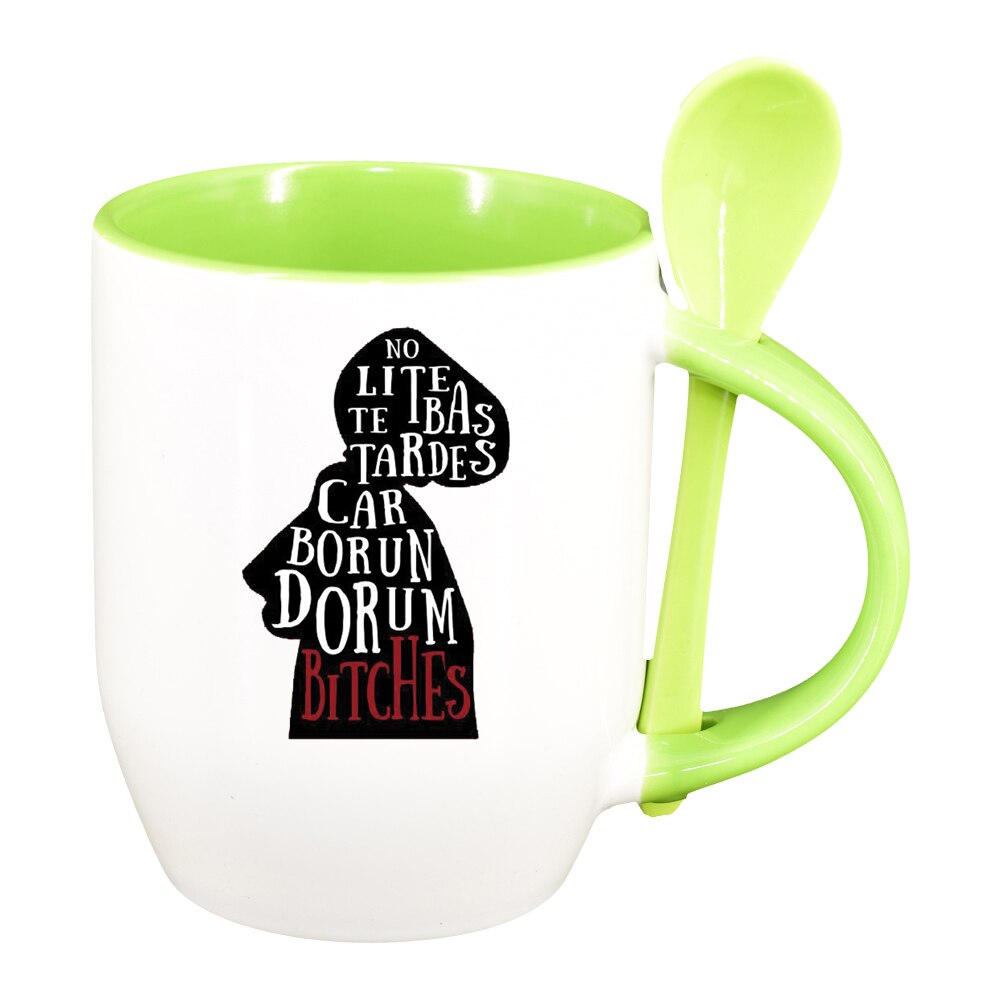 Cana The handmaid's Tale cu lingurita, interior verde deschis, 330ml, D1415