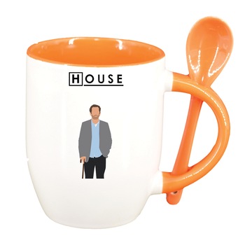 Cana Dr. House, Movie cu lingurita, interior portocaliu, 330ml, D1368 Cana Dr. House, Movie cu lingurita, interior portocaliu, 330ml, D1368