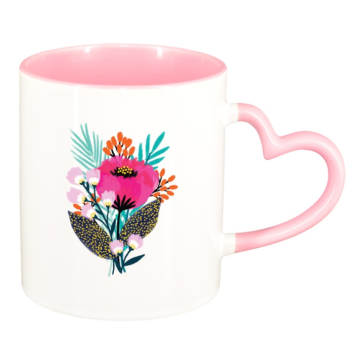 Cana Pastel Color Flower, interior roz, maner inima, 330ml, D1373