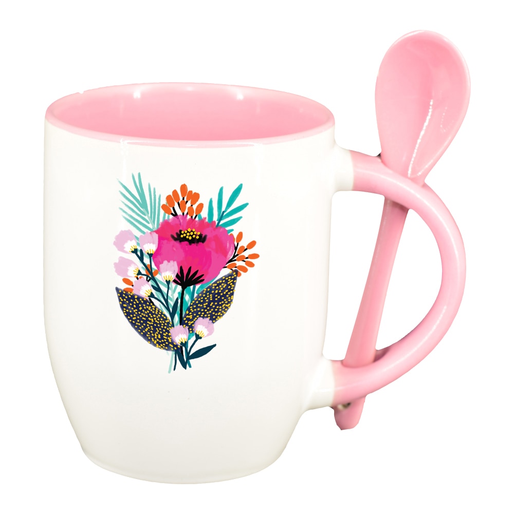 Cana Pastel Color Flower cu lingurita, interior roz, 330ml, D1373