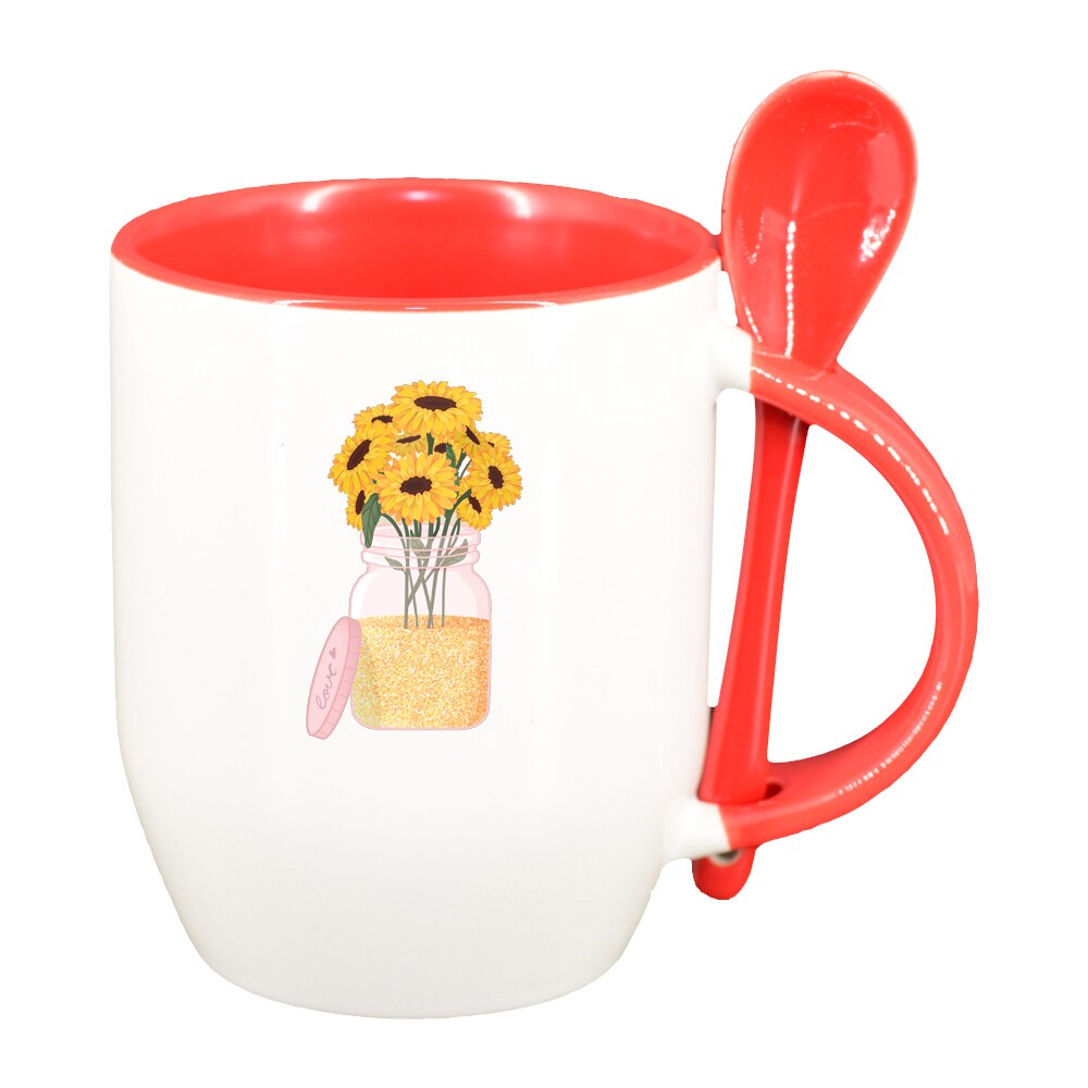 Cana SunFlower cu lingurita, interior rosu, 330ml, D1372