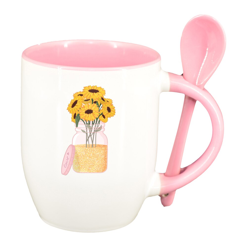 Cana SunFlower cu lingurita, interior roz, 330ml, D1372