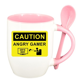 Cana Gamer, Game Over cu lingurita, interior roz, 330ml, D1377 Cana Gamer, Game Over cu lingurita, interior roz, 330ml, D1377