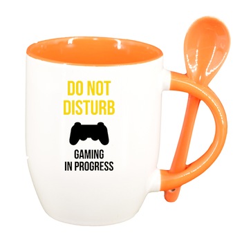 Cana Gamer, Do Not Disturb cu lingurita, interior portocaliu, 330ml, D1378 Cana Gamer, Do Not Disturb cu lingurita, interior portocaliu, 330ml, D1378
