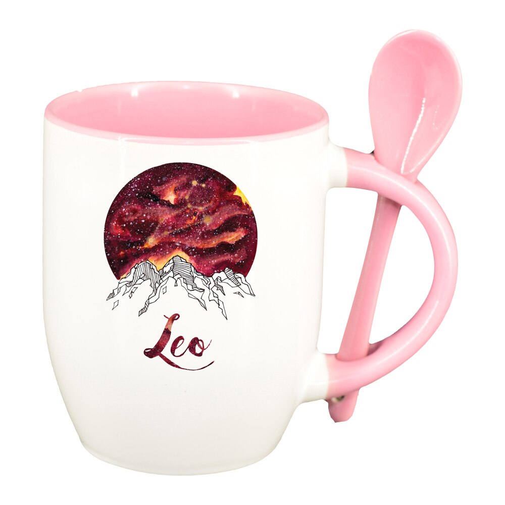 Cana Zodiac, Leo cu lingurita, interior roz, 330ml, D1385