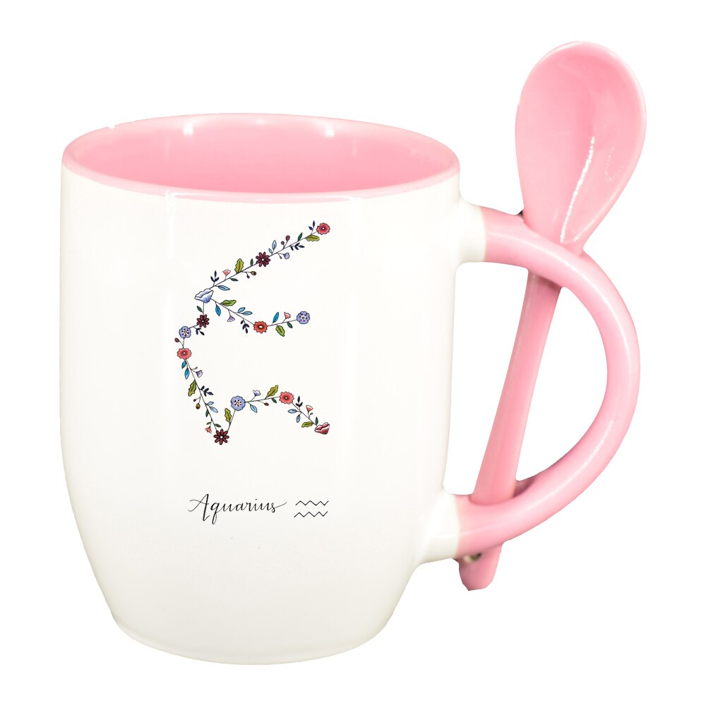 Cana Zodiac, Aquarius cu lingurita, interior roz, 330ml, D1381