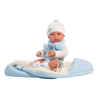 Papusa Llorens, Nico, 40 cm, cu saculet de dormit albastru Papusa Llorens, Nico, 40 cm, cu saculet de dormit albastru