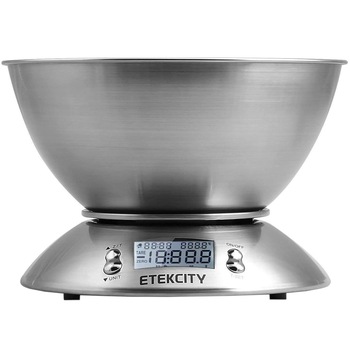Cantar de bucatarie cu bol Etekcity EK4150, 5 kg/1g, Functie Tara, Functie cantarire lichide, display LCD, Baterii incluse, Inox, Argintiu Cantar de bucatarie cu bol Etekcity EK4150, 5 kg/1g, Functie Tara, Functie cantarire lichide, display LCD, Baterii incluse, Inox, Argintiu