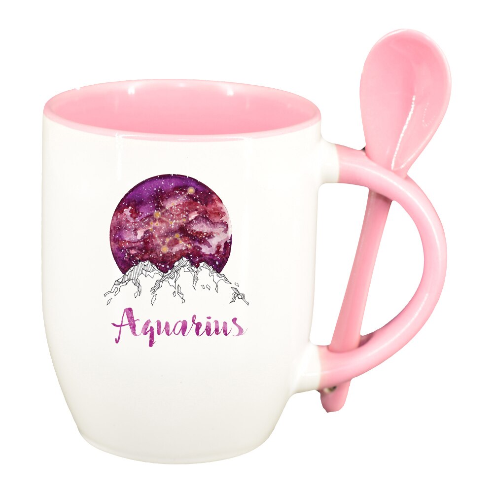 Cana Zodiac, Aquarius cu lingurita, interior roz, 330ml, D1386